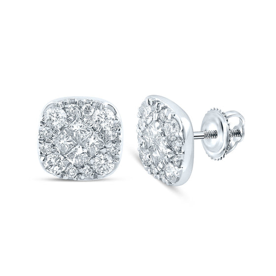 14k White Gold Womens Princess Round Diamond Square Earrings 1 Cttw