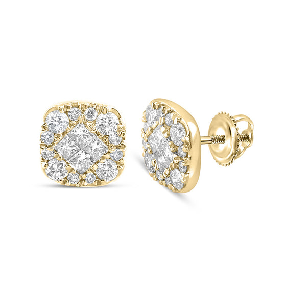 14k Yellow Gold Womens Princess Round Diamond Square Earrings 1 Cttw
