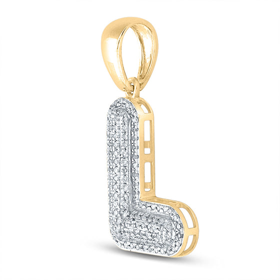 10k Yellow Gold Mens Round Diamond Bubble L Letter Charm Pendant 3/8 Cttw