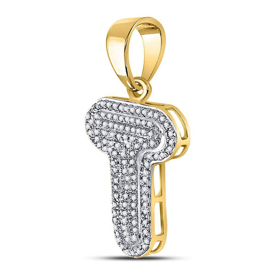 10k Yellow Gold Mens Round Diamond Letter T Bubble Initial Charm Pendant 3/8 Cttw