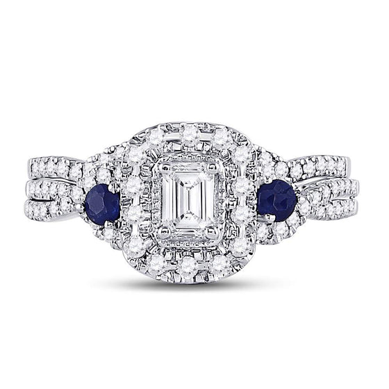 14k White Gold Emerald Diamond Bridal Wedding Ring Band Set 3/4 Cttw