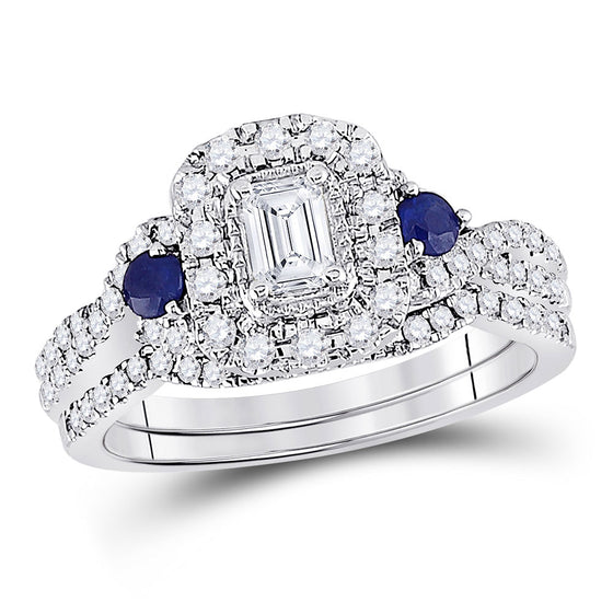 14k White Gold Emerald Diamond Bridal Wedding Ring Band Set 3/4 Cttw