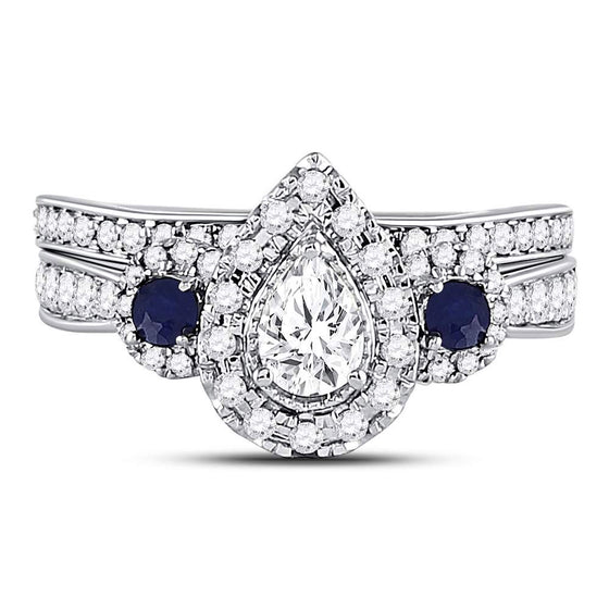 14k White Gold Pear Diamond Bridal Wedding Ring Band Set 7/8 Cttw