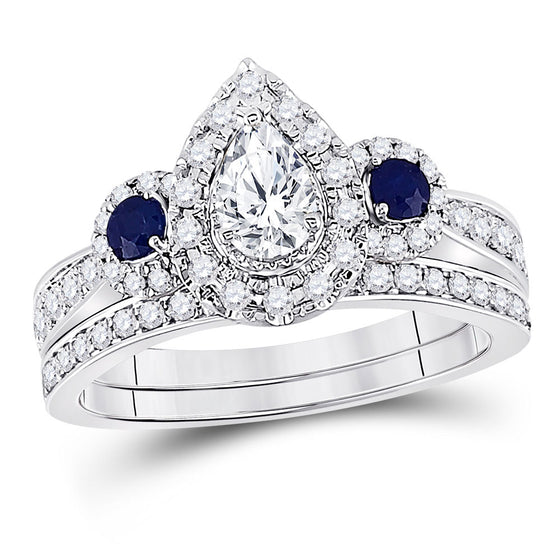 14k White Gold Pear Diamond Bridal Wedding Ring Band Set 7/8 Cttw