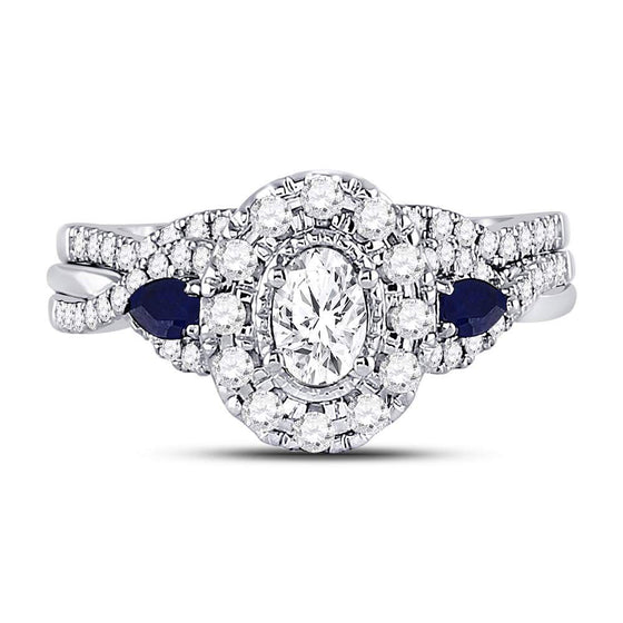 14k White Gold Oval Diamond Bridal Wedding Ring Band Set 7/8 Cttw