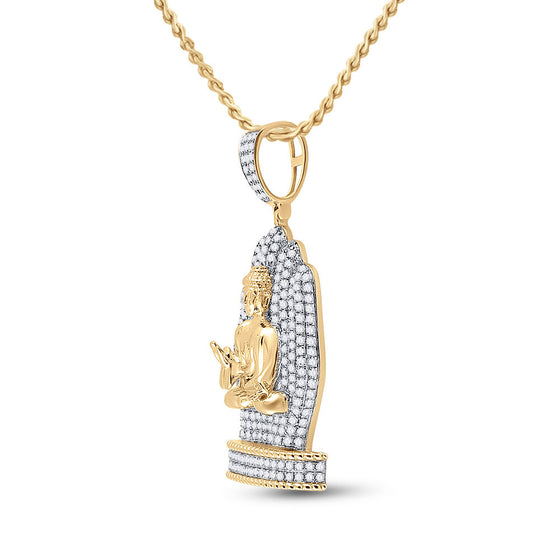 10k Yellow Gold Mens Round Diamond Buddha Hand Charm Pendant 1-3/4 Cttw