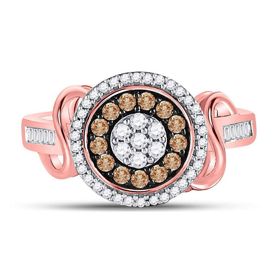 10k Rose Gold Womens Round Brown Diamond Flower Cluster Ring 1/2 Cttw