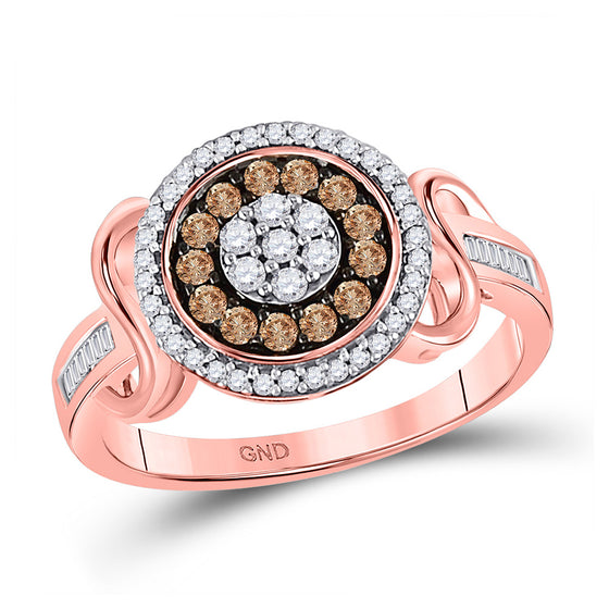 10k Rose Gold Womens Round Brown Diamond Flower Cluster Ring 1/2 Cttw