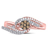 10k Rose Gold Womens Round Brown Diamond Cluster Double Heart Ring 1/6 Cttw