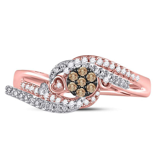 10k Rose Gold Womens Round Brown Diamond Cluster Double Heart Ring 1/6 Cttw