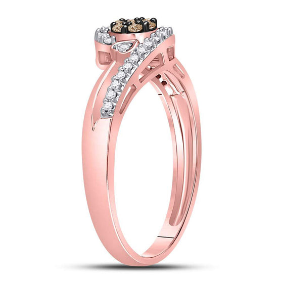 10k Rose Gold Womens Round Brown Diamond Cluster Double Heart Ring 1/6 Cttw