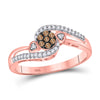10k Rose Gold Womens Round Brown Diamond Cluster Double Heart Ring 1/6 Cttw