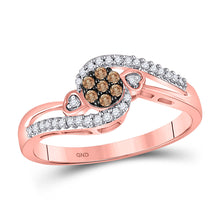  10k Rose Gold Womens Round Brown Diamond Cluster Double Heart Ring 1/6 Cttw