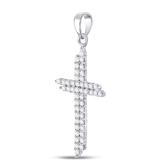 10k White Gold Womens Round Diamond Asymmetric Cross Pendant 1/2 Cttw