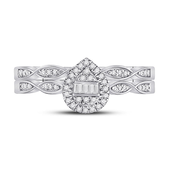 10k White Gold Baguette Diamond Bridal Wedding Ring Band Set 1/5 Cttw