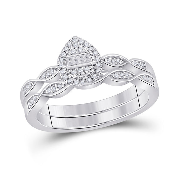 10k White Gold Baguette Diamond Bridal Wedding Ring Band Set 1/5 Cttw