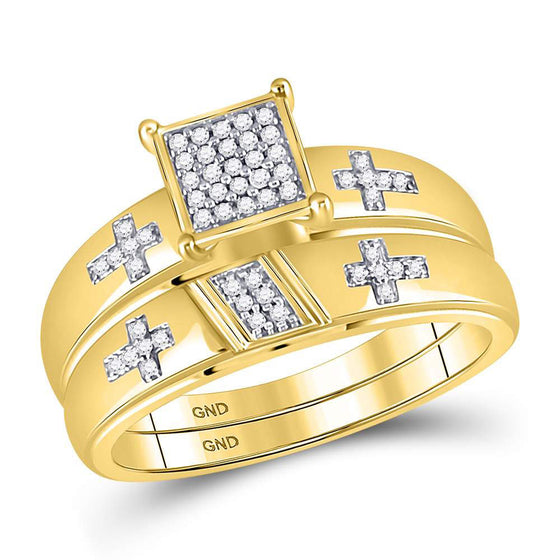 10k Yellow Gold His Hers Diamond Cross Matching Wedding Set 1/12 Cttw