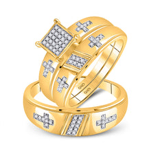  10k Yellow Gold His Hers Diamond Cross Matching Wedding Set 1/12 Cttw