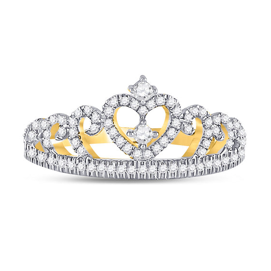 10k Yellow Gold Womens Round Diamond Heart Crown Fashion Ring 1/4 Cttw