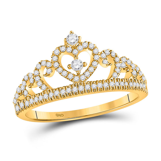 10k Yellow Gold Womens Round Diamond Heart Crown Fashion Ring 1/4 Cttw