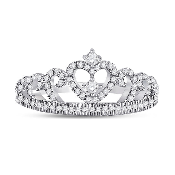 10k White Gold Womens Round Diamond Heart Crown Ring 1/4 Cttw