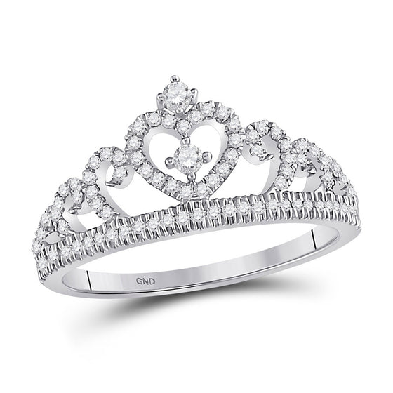 10k White Gold Womens Round Diamond Heart Crown Ring 1/4 Cttw