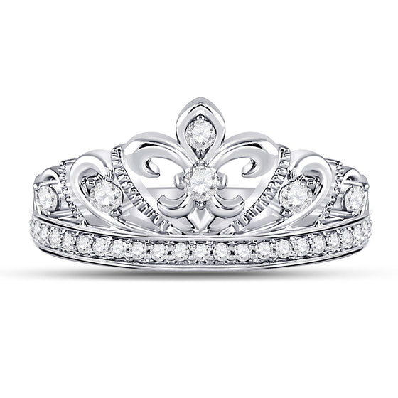 10k White Gold Womens Round Diamond Fleur-de-lis Crown Ring 1/3 Cttw