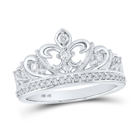 10k White Gold Womens Round Diamond Fleur-de-lis Crown Ring 1/3 Cttw
