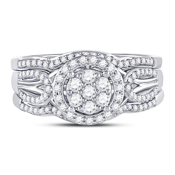 10k White Gold Round Diamond Cluster Bridal Wedding Ring Band Set 1/2 Cttw