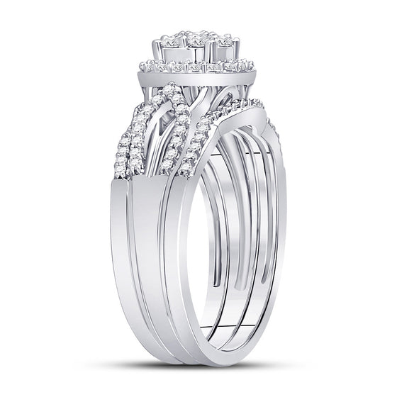 10k White Gold Round Diamond Cluster Bridal Wedding Ring Band Set 1/2 Cttw