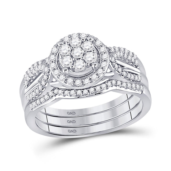 10k White Gold Round Diamond Cluster Bridal Wedding Ring Band Set 1/2 Cttw
