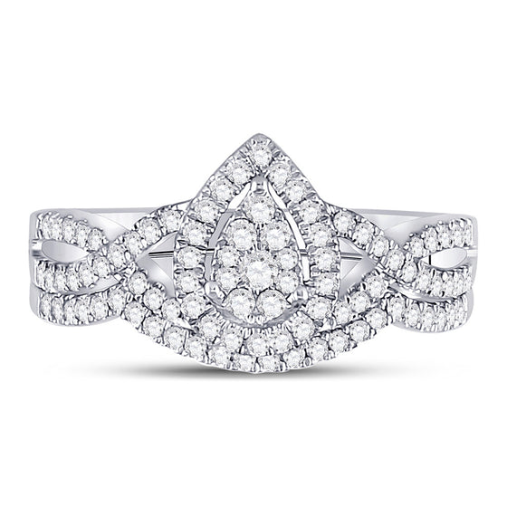 10k White Gold Round Diamond Teardrop Bridal Wedding Ring Band Set 1/2 Cttw