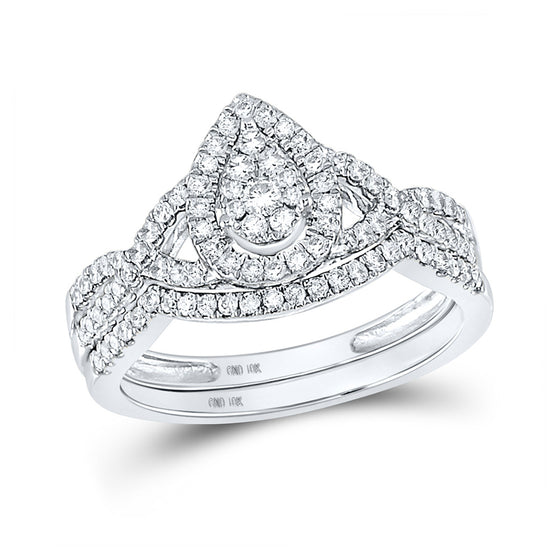 10k White Gold Round Diamond Teardrop Bridal Wedding Ring Band Set 1/2 Cttw