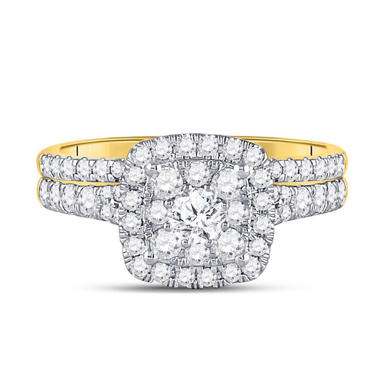14k Yellow Gold Round Diamond Square Halo Bridal Wedding Ring Band Set 1 Cttw