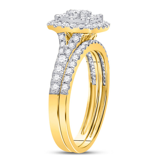 14k Yellow Gold Round Diamond Square Halo Bridal Wedding Ring Band Set 1 Cttw