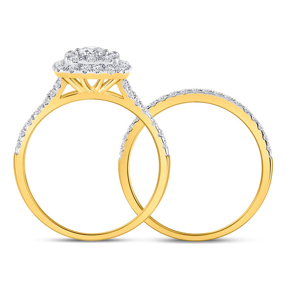 14k Yellow Gold Round Diamond Square Halo Bridal Wedding Ring Band Set 1 Cttw