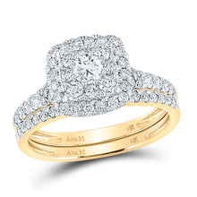  14k Yellow Gold Round Diamond Square Halo Bridal Wedding Ring Band Set 1 Cttw
