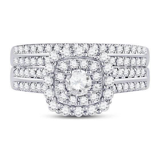 14k White Gold Round Diamond Halo Bridal Wedding Ring Band Set 1 Cttw