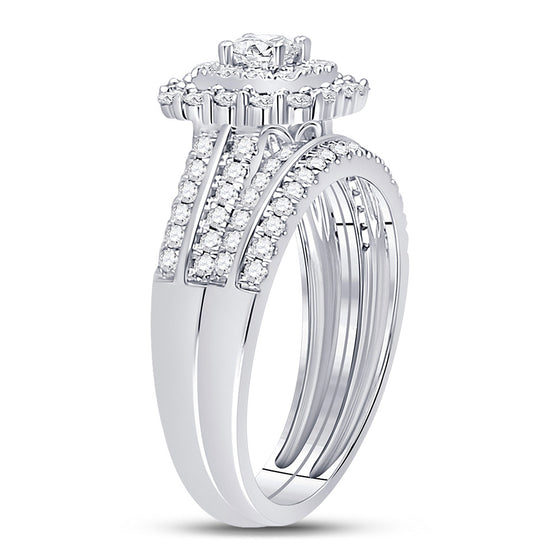 14k White Gold Round Diamond Halo Bridal Wedding Ring Band Set 1 Cttw