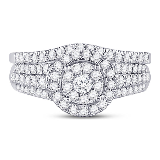14k White Gold Round Diamond Cluster Halo Bridal Wedding Ring Band Set 1 Cttw