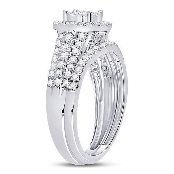 14k White Gold Round Diamond Cluster Halo Bridal Wedding Ring Band Set 1 Cttw