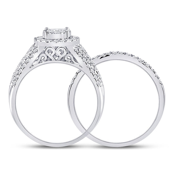 14k White Gold Round Diamond Cluster Halo Bridal Wedding Ring Band Set 1 Cttw