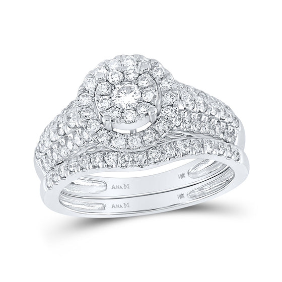 14k White Gold Round Diamond Cluster Halo Bridal Wedding Ring Band Set 1 Cttw