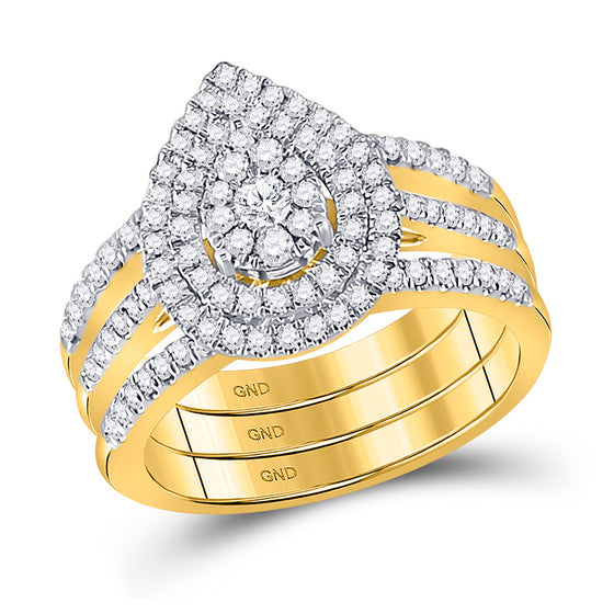 14k Yellow Gold Round Diamond Cluster 3-Piece Bridal Wedding Ring Band Set 3/4 Cttw