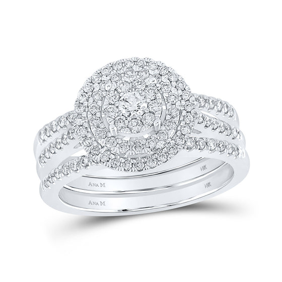 14k White Gold Round Diamond Cluster Bridal Wedding Ring Band Set 3/4 Cttw