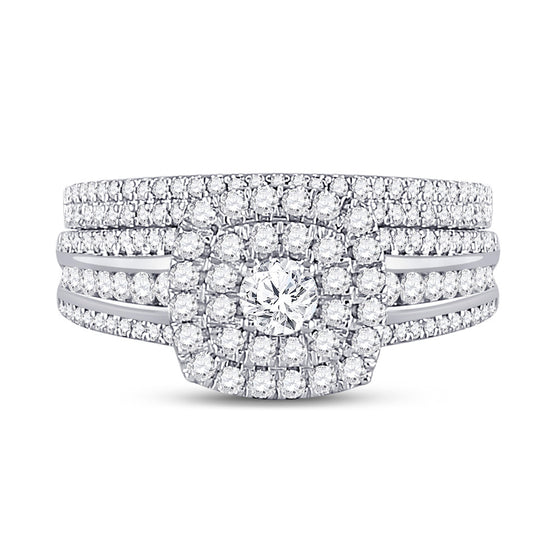 14k White Gold Round Diamond Square Halo Bridal Wedding Ring Band Set 1 Cttw