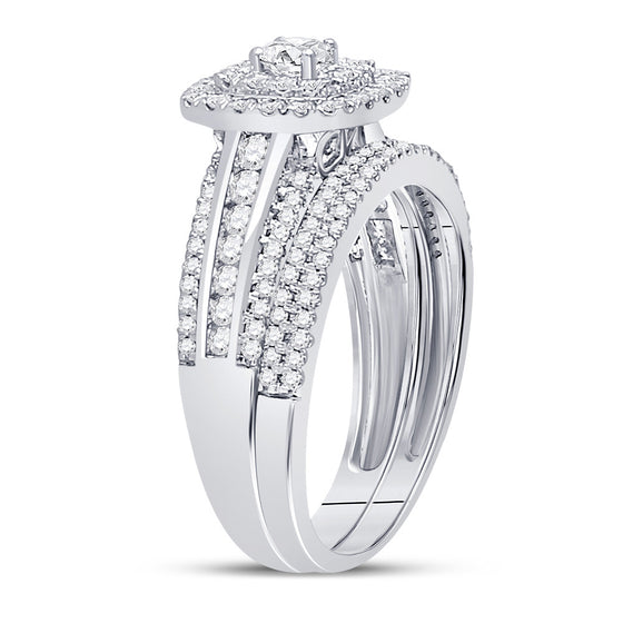 14k White Gold Round Diamond Square Halo Bridal Wedding Ring Band Set 1 Cttw