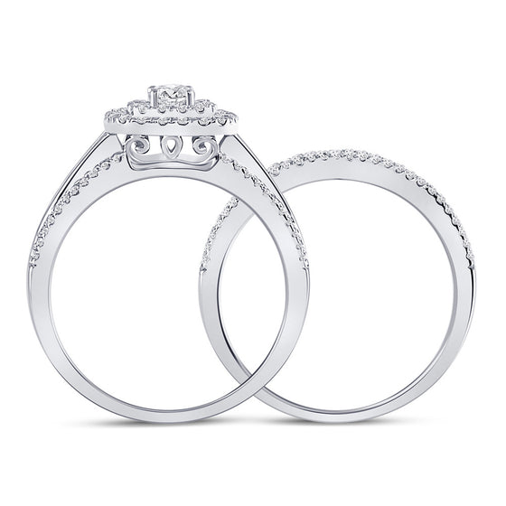 14k White Gold Round Diamond Square Halo Bridal Wedding Ring Band Set 1 Cttw