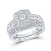 14k White Gold Round Diamond Square Halo Bridal Wedding Ring Band Set 1 Cttw