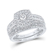  14k White Gold Round Diamond Square Halo Bridal Wedding Ring Band Set 1 Cttw